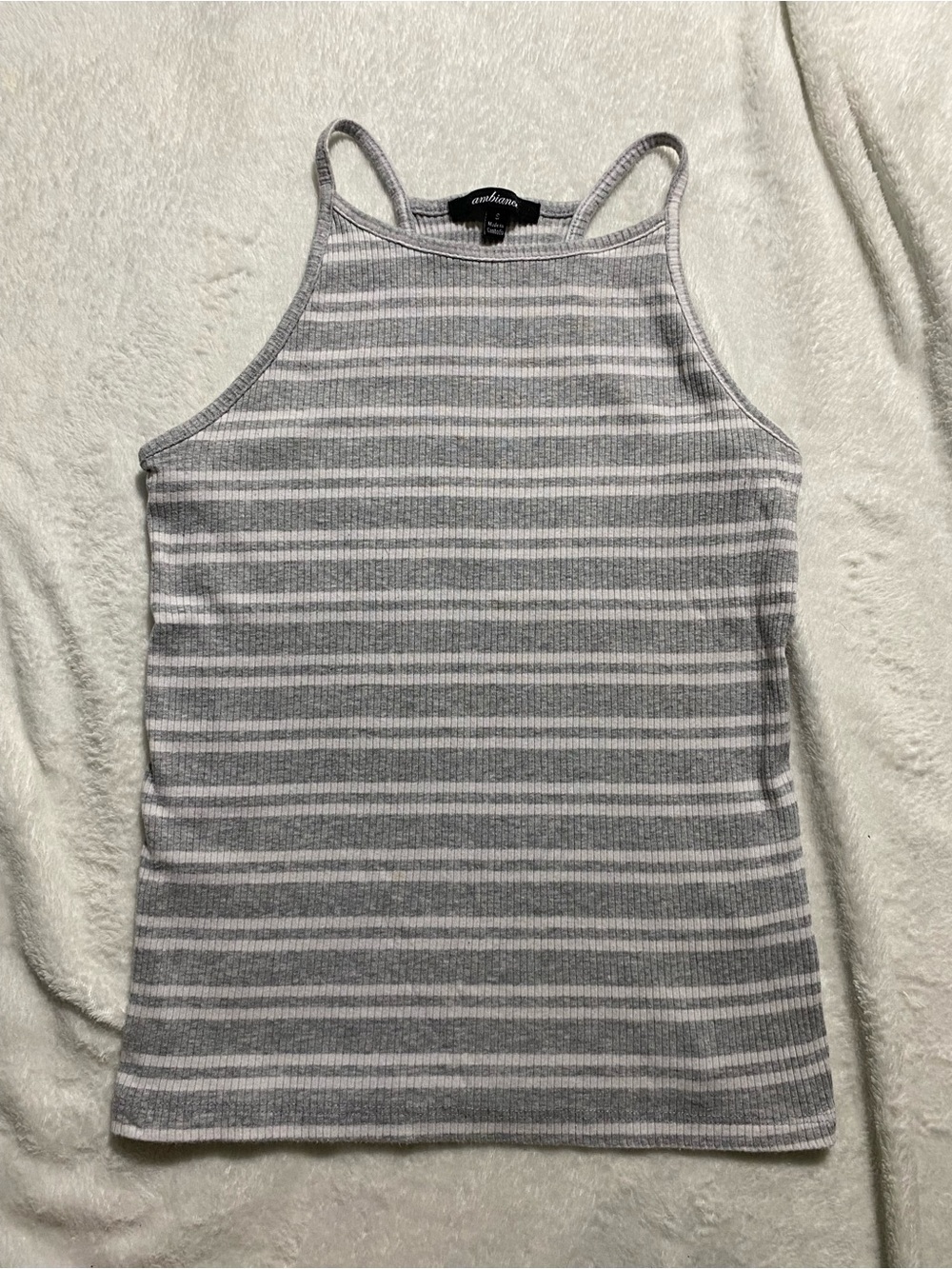 Ambiance Striped Ribbed Halter Tank in Gray and White